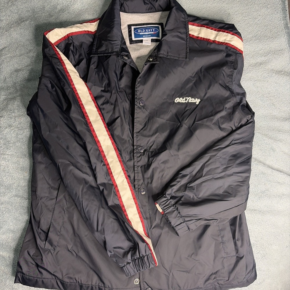 Vintage Old Navy Jacket Mens Medium Blue Snap Front Chain Stitched Windbreaker